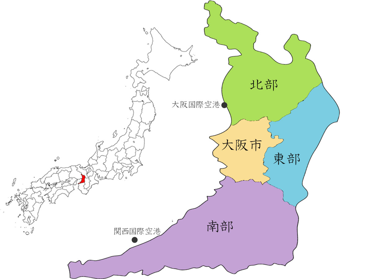 大阪の地図と日本地図